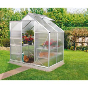 Vitavia Gewächshaus Venus 2500 mit Alu-Rahmen und geöffnetem Dachfenster im Garten.