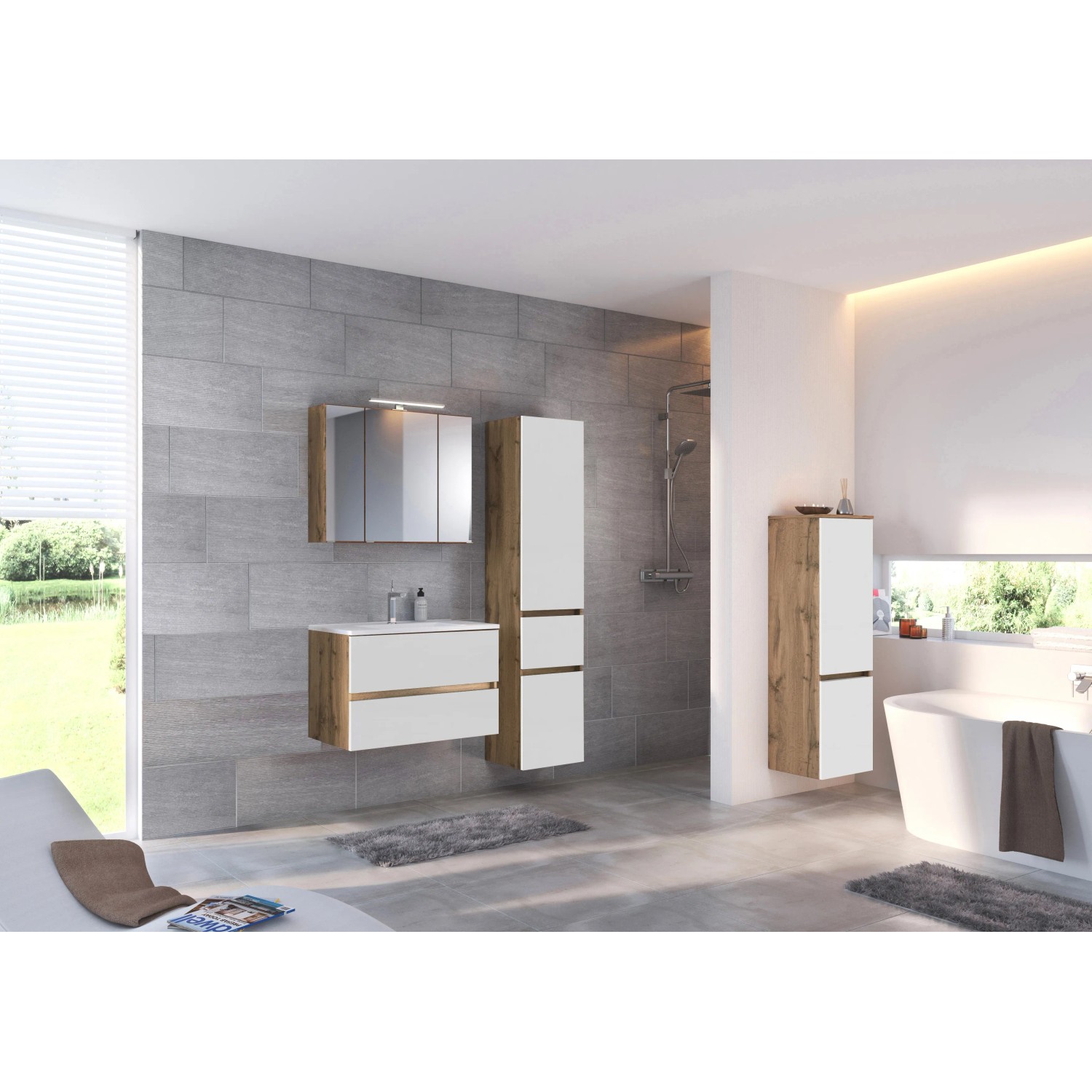 Held Möbel 3D-Spiegelschrank Bari 80 cm in Wotaneiche im Badezimmer.