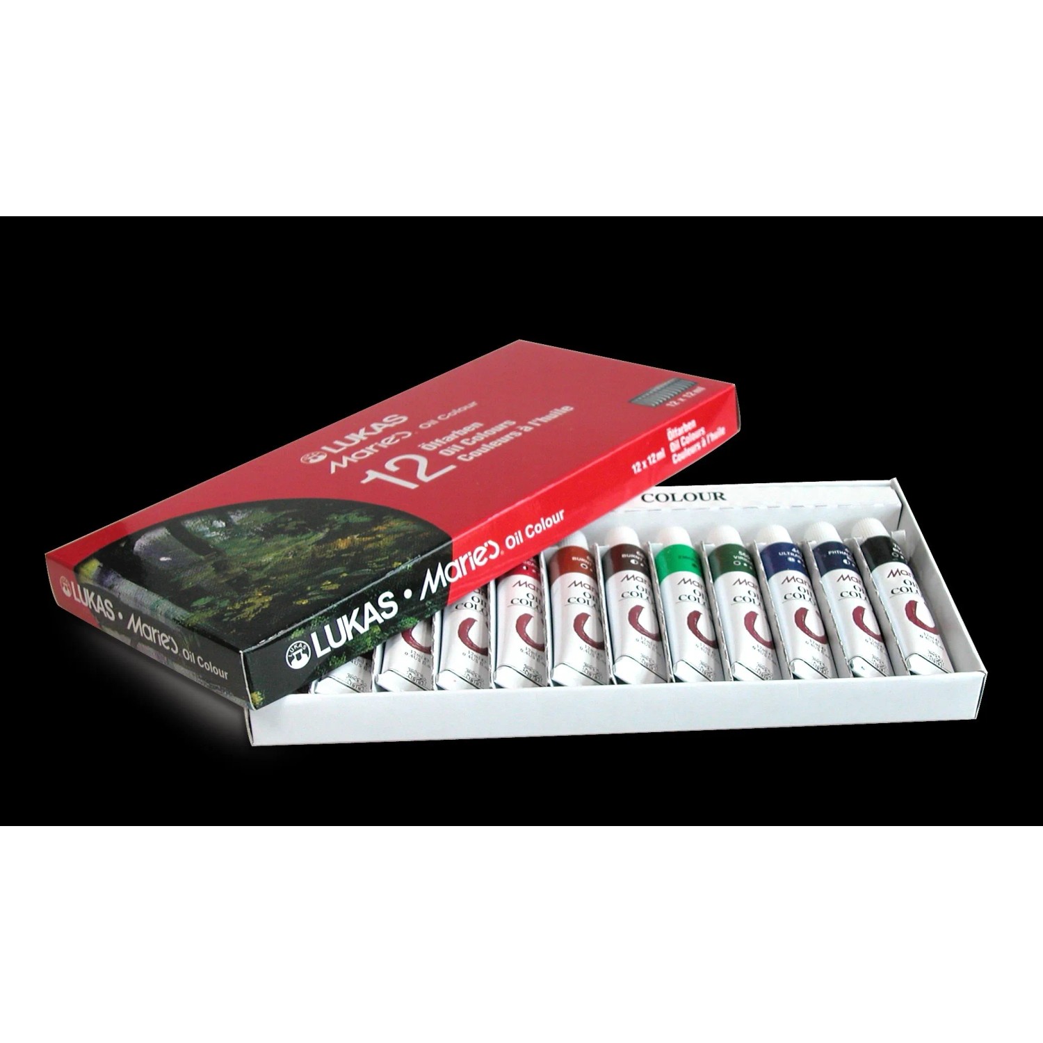 Lukas Terzia Oil Ölfarben-Set mit 12 Farbtuben à 12 ml im geöffneten Karton.