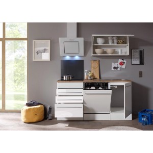 Respekta Premium Küchenzeile, 290 cm, Weiß Hochglanz mit Eiche Arbeitsplatte und Elektrogeräten.