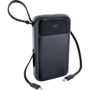 Schwarze Schwaiger Powerbank mit LED-Anzeige (83%), integrierten USB-C und Lightning Kabeln. Handy-Zubehör.