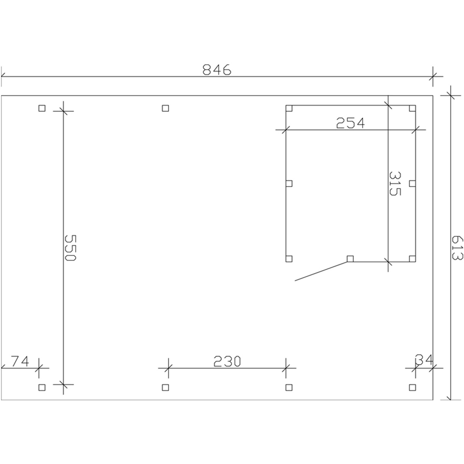 Grundrisszeichnung des Skan Holz Carport Emsland 613x846 cm mit Abstellraum, Maße in cm.