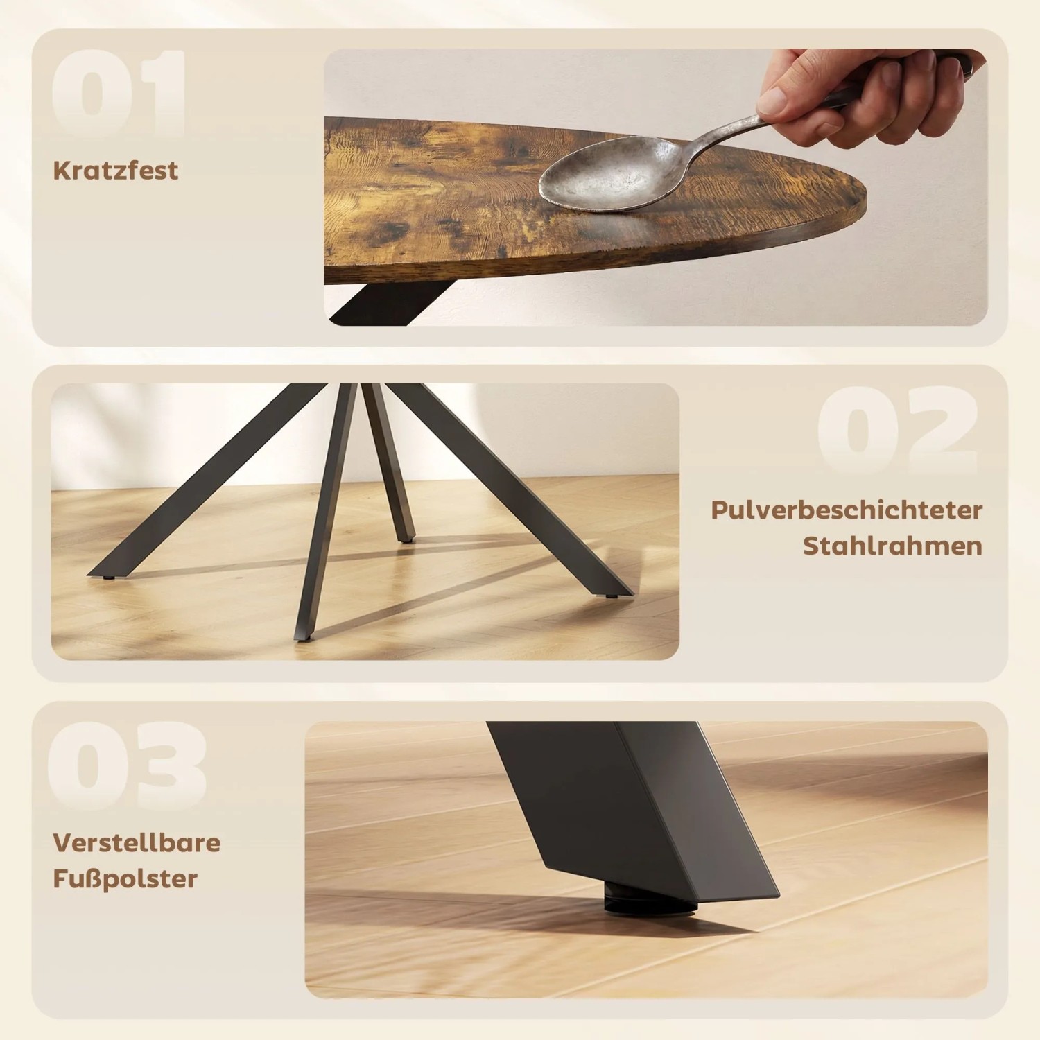 HOMCOM Esstisch mit kratzfester rustikaler Holzplatte, schwarzem Stahlrahmen und verstellbaren Füßen.