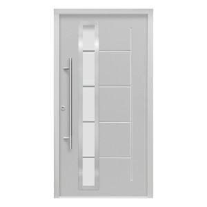 Graue Sicherheits-Haustür ThermoSpace Prime Paris RC2 mit Glaseinsatz und Edelstahlgriff.
