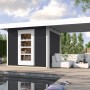 Modernes, anthrazitfarbenes Weka Holz-Gartenhaus mit Flachdach und überdachter Terrasse.