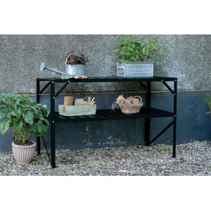 Schwarzer Halls Tisch Standalone mit 2 Sektionen aus Alu, 121x52 cm, für Gewächshaus & Garten.