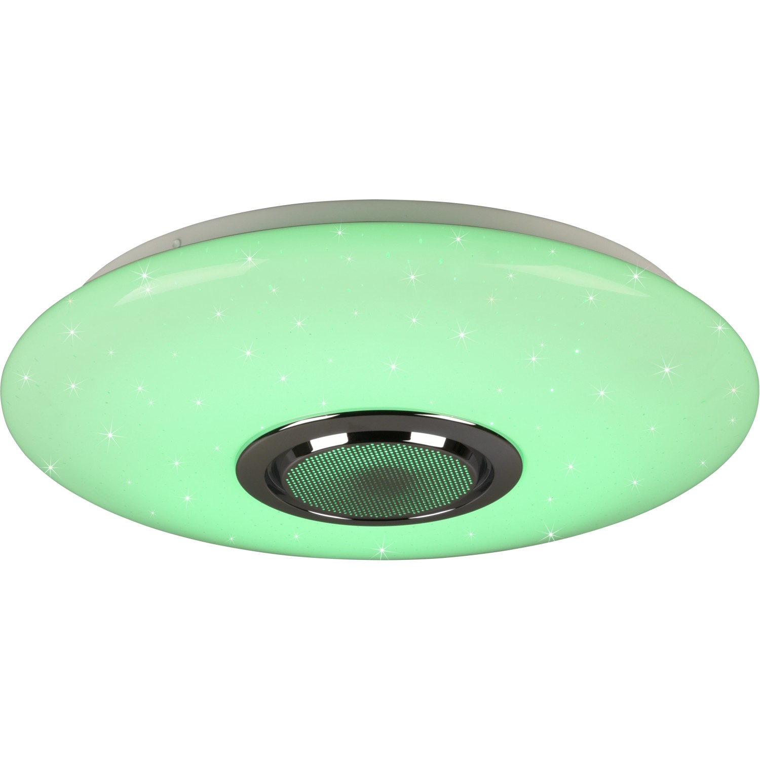 Weiße LED-Deckenleuchte Musica mit Lautsprecher und Rainbow-Effekt.