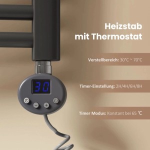 Detailansicht des anthrazitfarbenen Emke Badheizkörpers: Digitaler Thermostat mit 30°C Anzeige, Heizstab, Timer-Einstellungen.