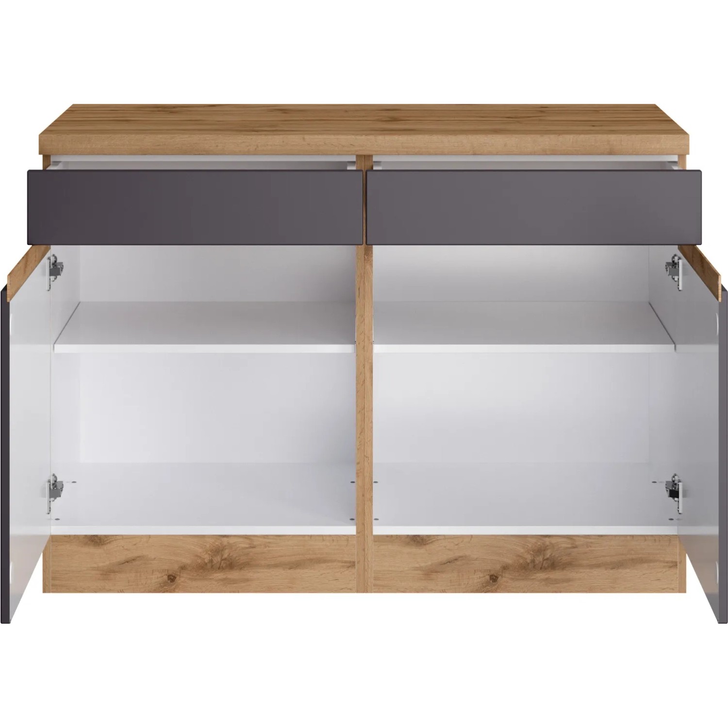 Held Möbel Küchenunterschrank Turin 120 cm, Graphit/Wotaneiche, mit offenen Türen und zwei Schubladen.