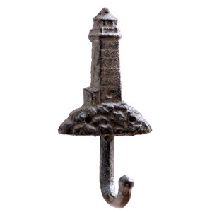 Dunkelbrauner Wandhaken in Leuchtturm-Form aus Gusseisen, 14,5 cm hoch, für die Gartendekoration.