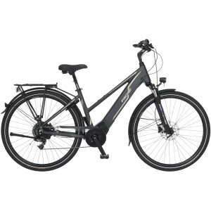 Graues Fischer E-Bike Viator 5.0i mit Trapezrahmen und Gepäckträger.