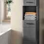 Grauer, schmaler OBI Bad-Hochschrank (30x180x30 cm) mit Schubladen und offenem Fach.