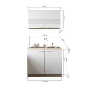 Respekta Küchenmöbel-Set Merle 100 cm Grau mit Spüle und Oberschränken, Maßangaben.