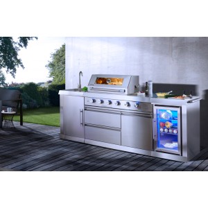 Buschbeck Outdoorküche Oxford aus Edelstahl mit Grill, Spüle und Kühlschrank.