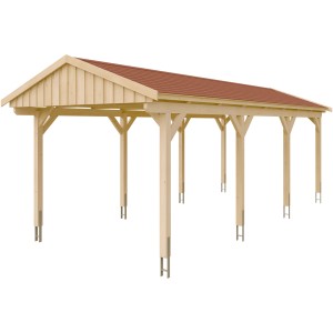Skan Holz Carport Fichtelberg mit roten Schindeln, naturbelassenes Fichtenholz, 8 Pfosten.