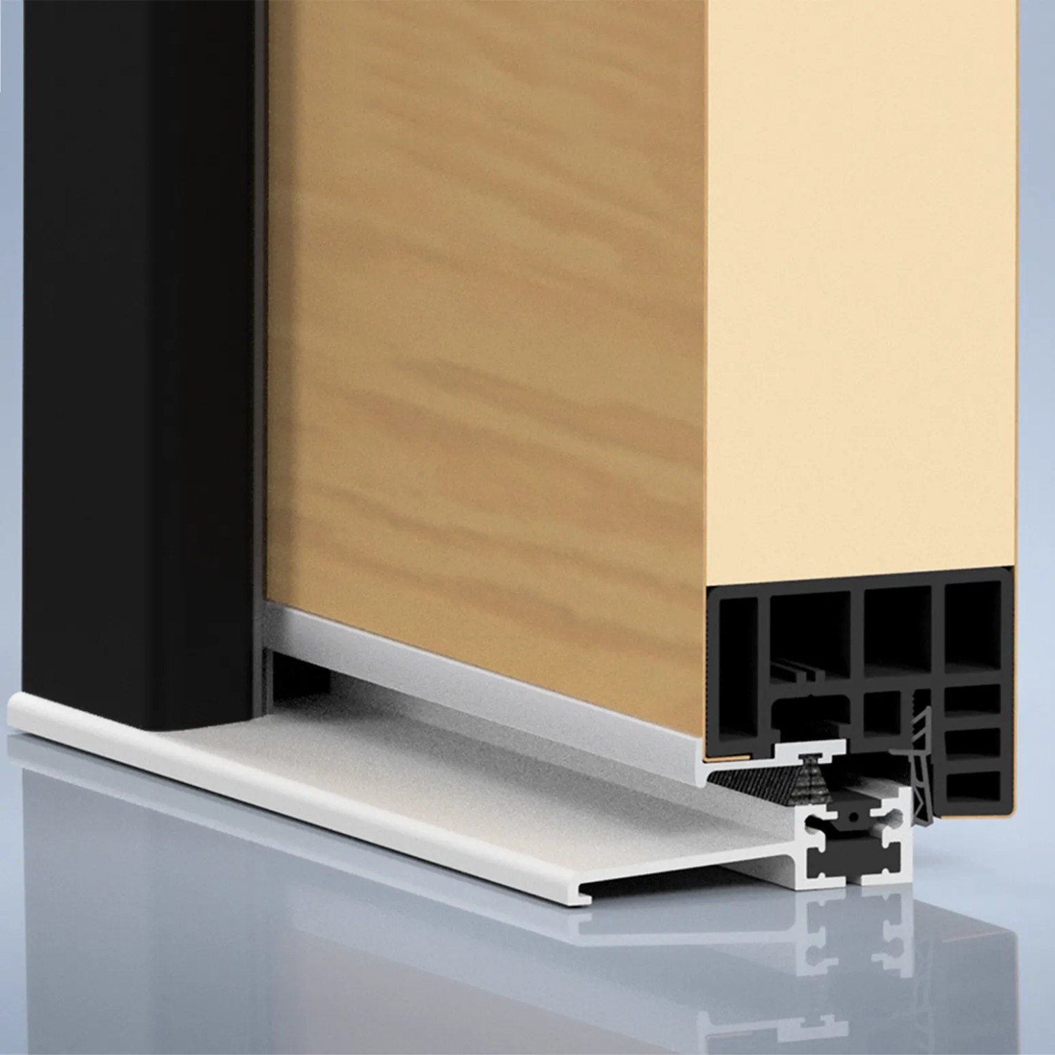 Detailansicht der Splendoor Sicherheitshaustür Thermospace Milano Prime RC2: Bodenschwelle und Türblatt im Anschnitt.