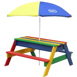 Axi Nick Sand- & Wasser-Picknicktisch Regenbogen mit Sonnenschirm, buntes Holz.