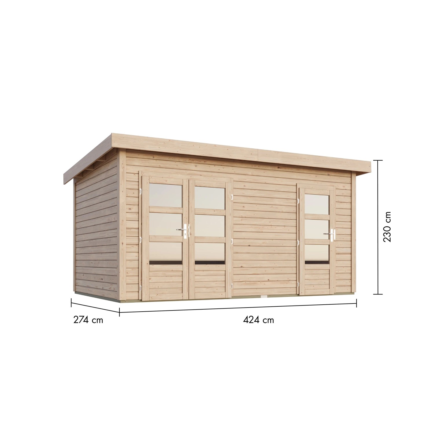 Karibu Holz-Gartenhaus Glostrup, unbehandelt, mit Flachdach und zwei Türen, 420x270 cm.