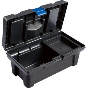 Offener, schwarzer LUX Werkzeugkoffer (41 cm) mit Organizer im Deckel und herausnehmbarem Träger.