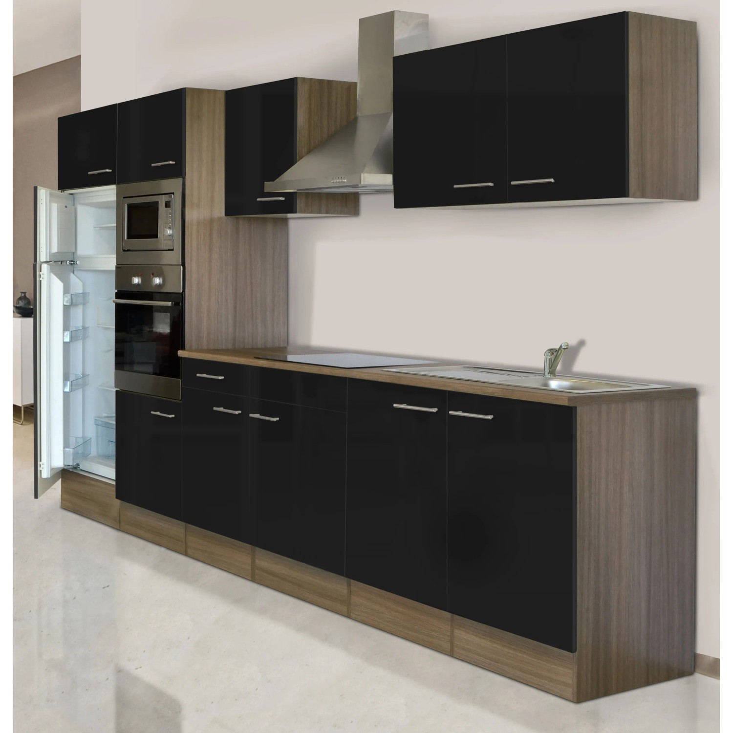 Respekta Küchenzeile KB330EYSMIGKE, 330 cm, Schwarz und Eiche York Nachbildung mit E-Geräten.