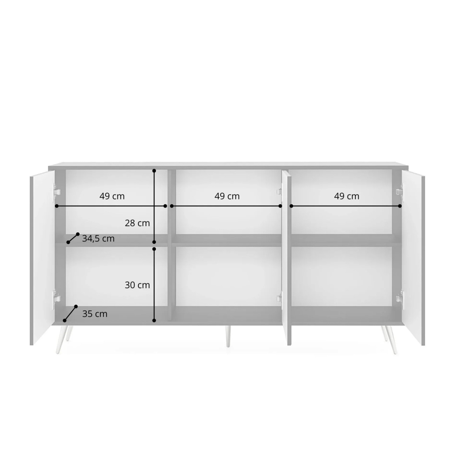 Selsey Sideboard Bello, Innenansicht mit offenen Türen. Zeigt 6 Fächer, Maße der Staufächer in Schwarz/Wotan Eiche.