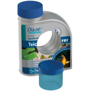 Oase AquaActiv OptiPond Teich Stabilisierer 500ml Flasche mit Dosierbecher für die Teichpflege.