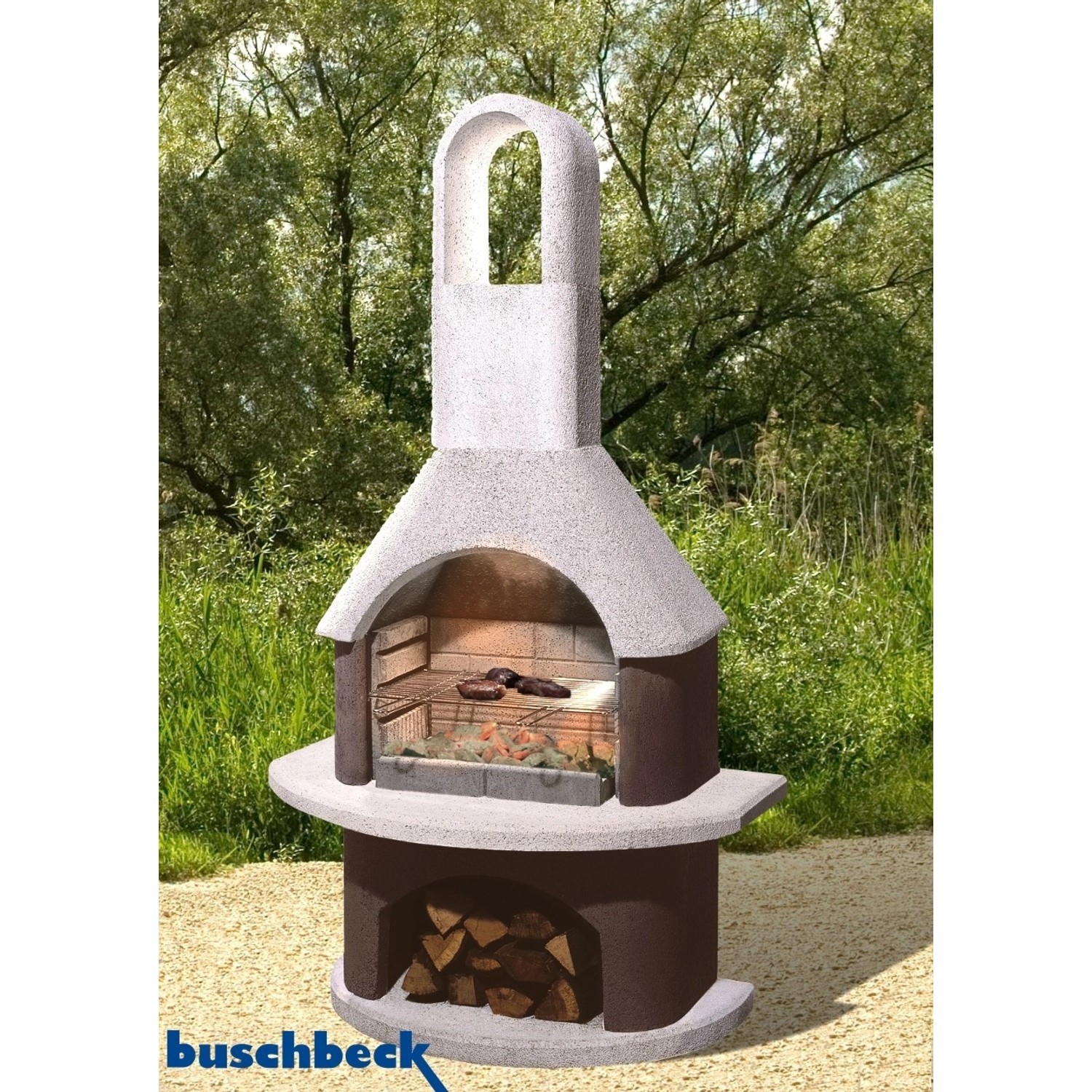 Buschbeck Gartengrillkamin Milano, weiß-braun, mit Grillrost und Holzlagerfach.