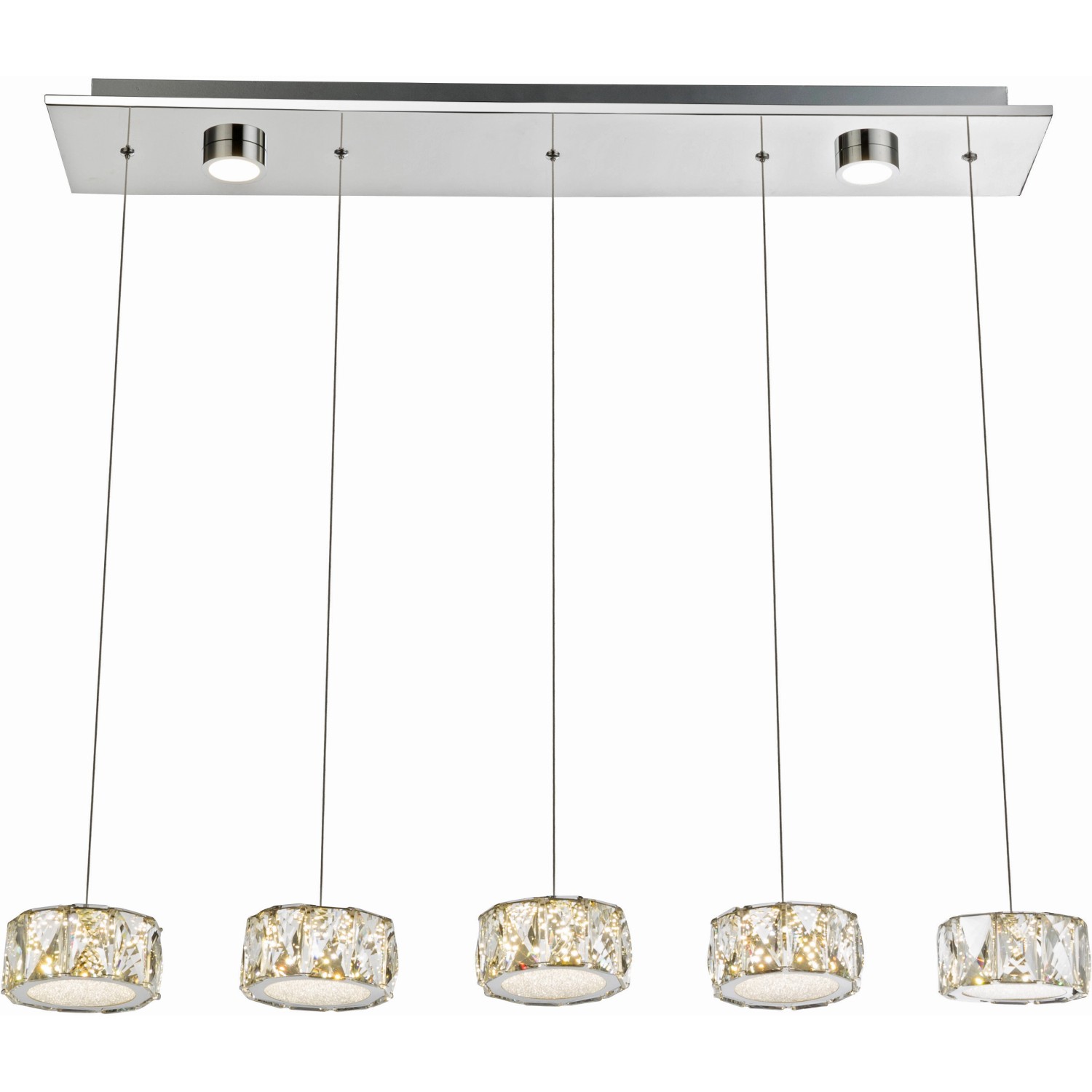 Moderne, 7-flammige LED-Pendelleuchte Amur in Chrom mit Kristall-Anhängern.