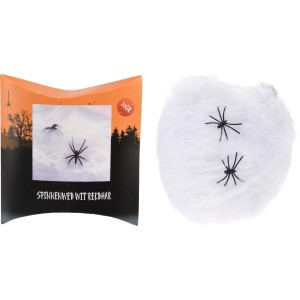 Spinnennetz dehnbar aus Nylon mit zwei schwarzen Spinnen für Halloween Deko.
