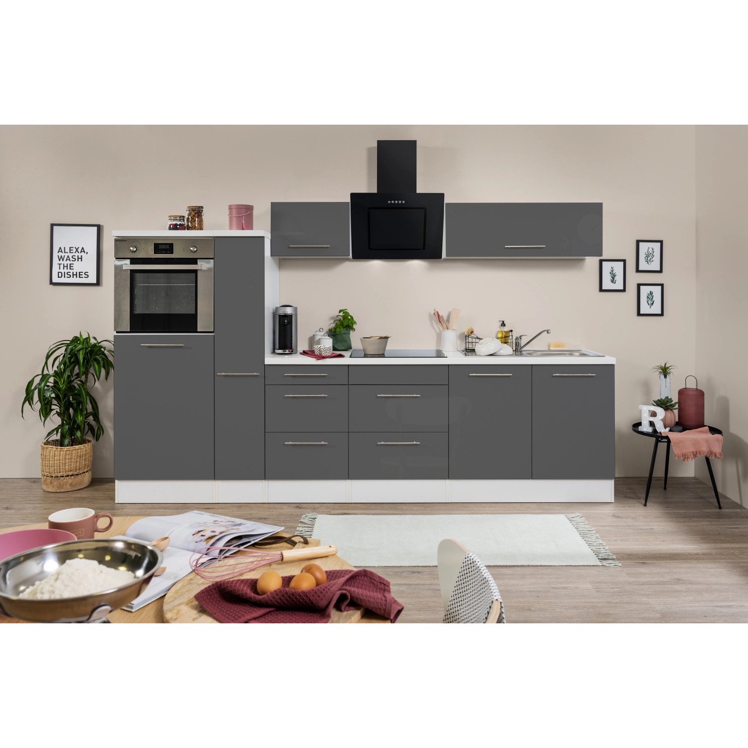 Respekta Premium Küchenzeile 300 cm in Grau Hochglanz/Weiß mit E-Geräten.