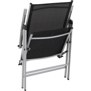 Zusammengeklappter Klappsessel Suriname mit Textilbespannung und verstellbarer Rückenlehne.