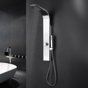 Edelstahl Duschpaneel mit Regendusche, Massagedüsen und Handbrause im modernen Badezimmer.