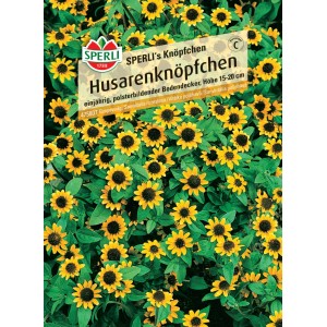 Samenpackung Husarenknöpfchen SPERLI's Knöpfchen mit gelben Blüten und grünen Blättern.