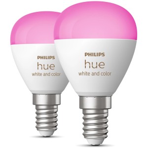 2er-Pack Philips Hue E14 LED-Lampe in Tropfenform, White & Color Ambiance, mit pinkem Licht.