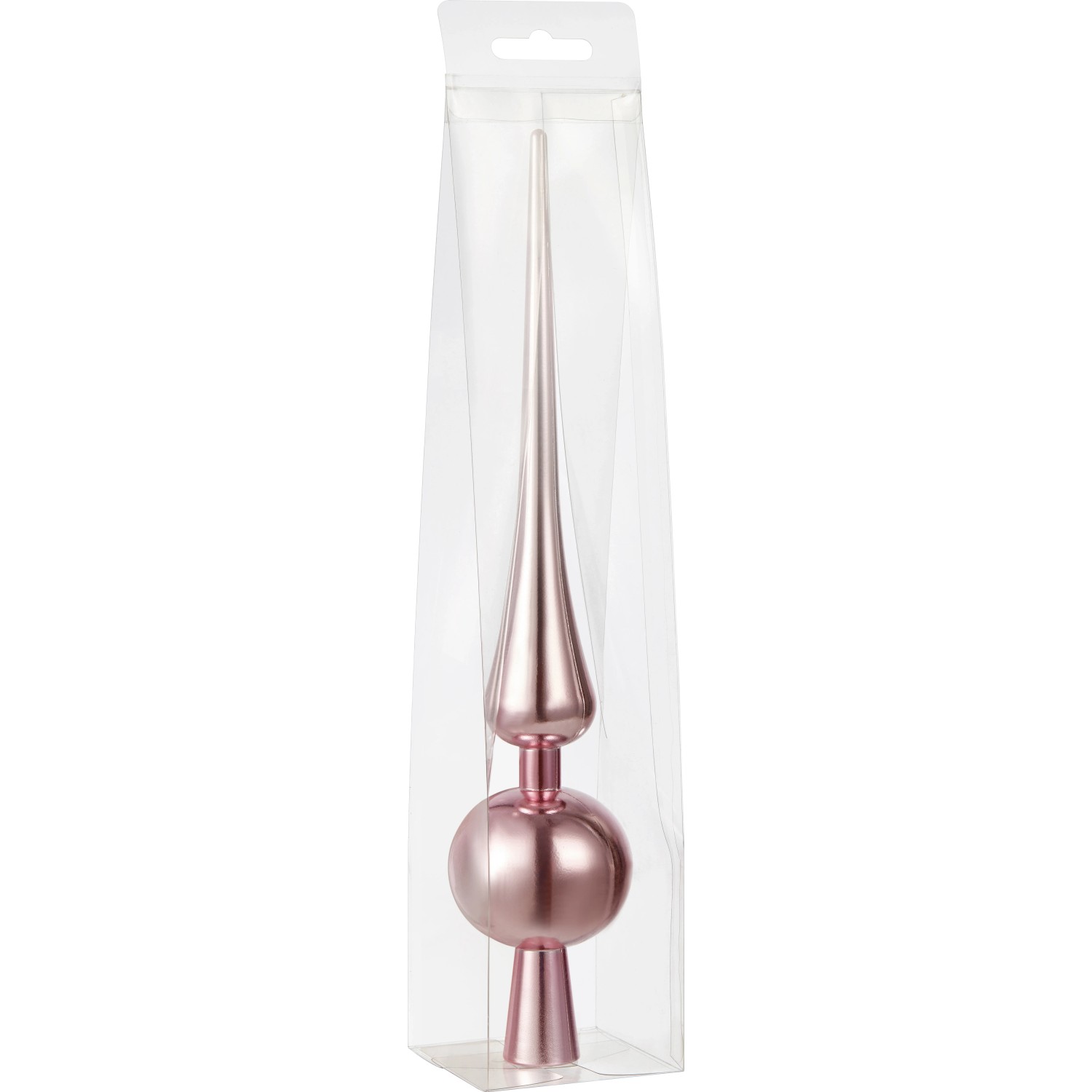 Rosa Baumspitze (30 cm) aus Kunststoff mit glänzender Oberfläche in transparenter Verpackung.