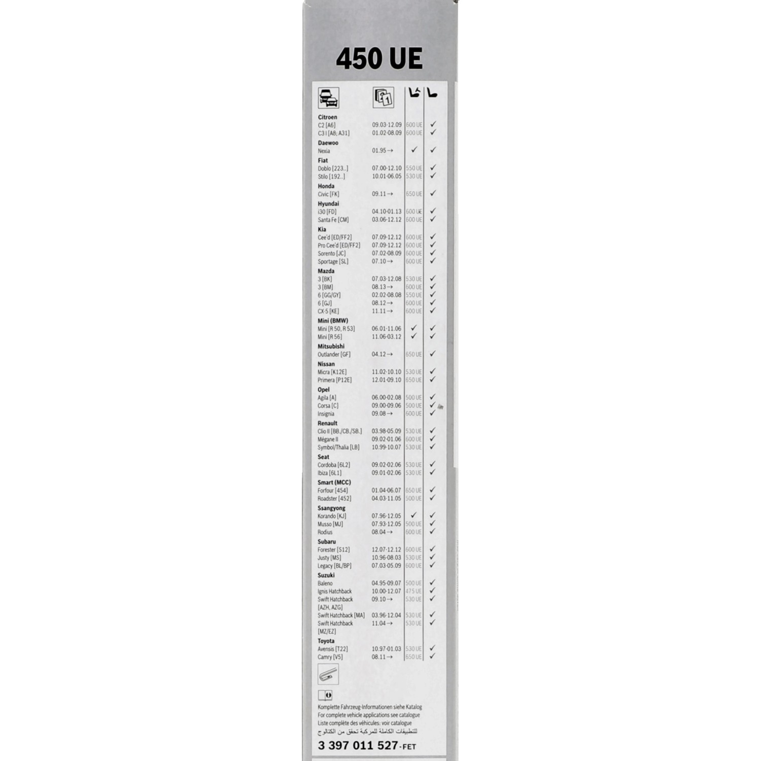 BOSCH ClassicWiper 450UE: Wischblatt-Verpackung mit Fahrzeugliste für einfache Auswahl.