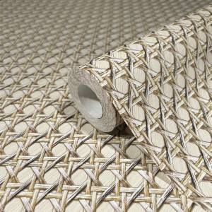 Beige Vliestapete mit Geflecht-Muster in Holzoptik von Marburg (Rolle).