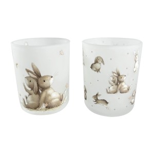 Windlicht Knuffi Groß, weiß, 10x9 cm, mit Hasenmotiven, Kerzenhalter für gemütliche Beleuchtung.