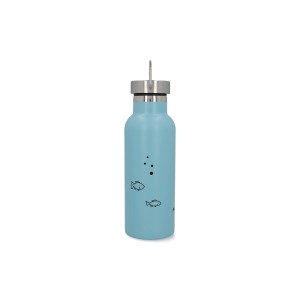 Hellblaue Fischer Trinkflasche Boy 500 ml aus Edelstahl mit Fischmotiven.