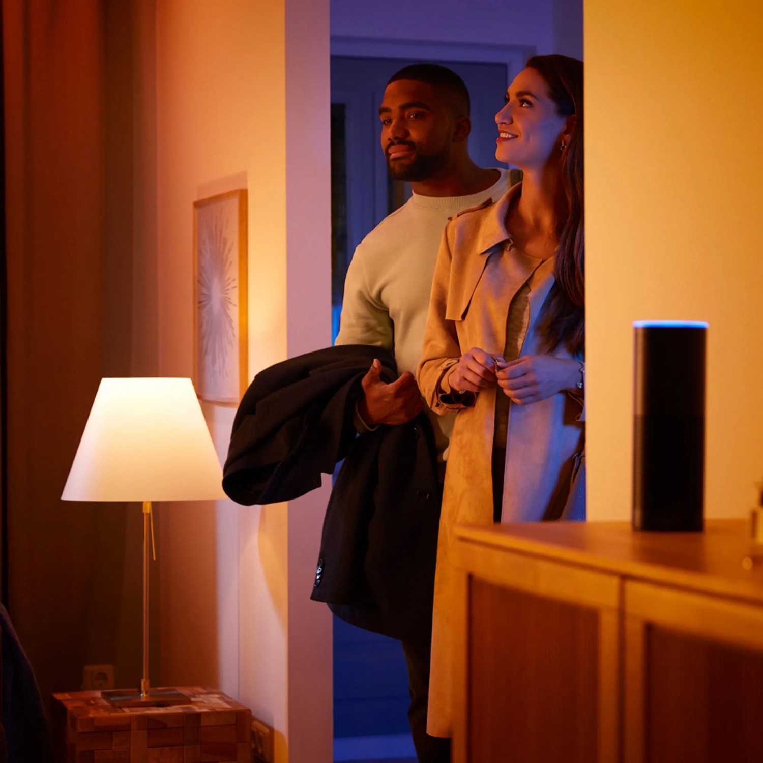 Philips Hue Bridge Pro Set mit Dimmer und 2 E27 Leuchtmitteln in Farbe und Weiß. Smarte Beleuchtung im Wohnraum.