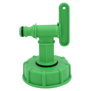 Grüner IBC Hahn mit S60x6 Gewinde und Klicksystem-Anschluss für Regentonnen und Wasserzapfstellen.