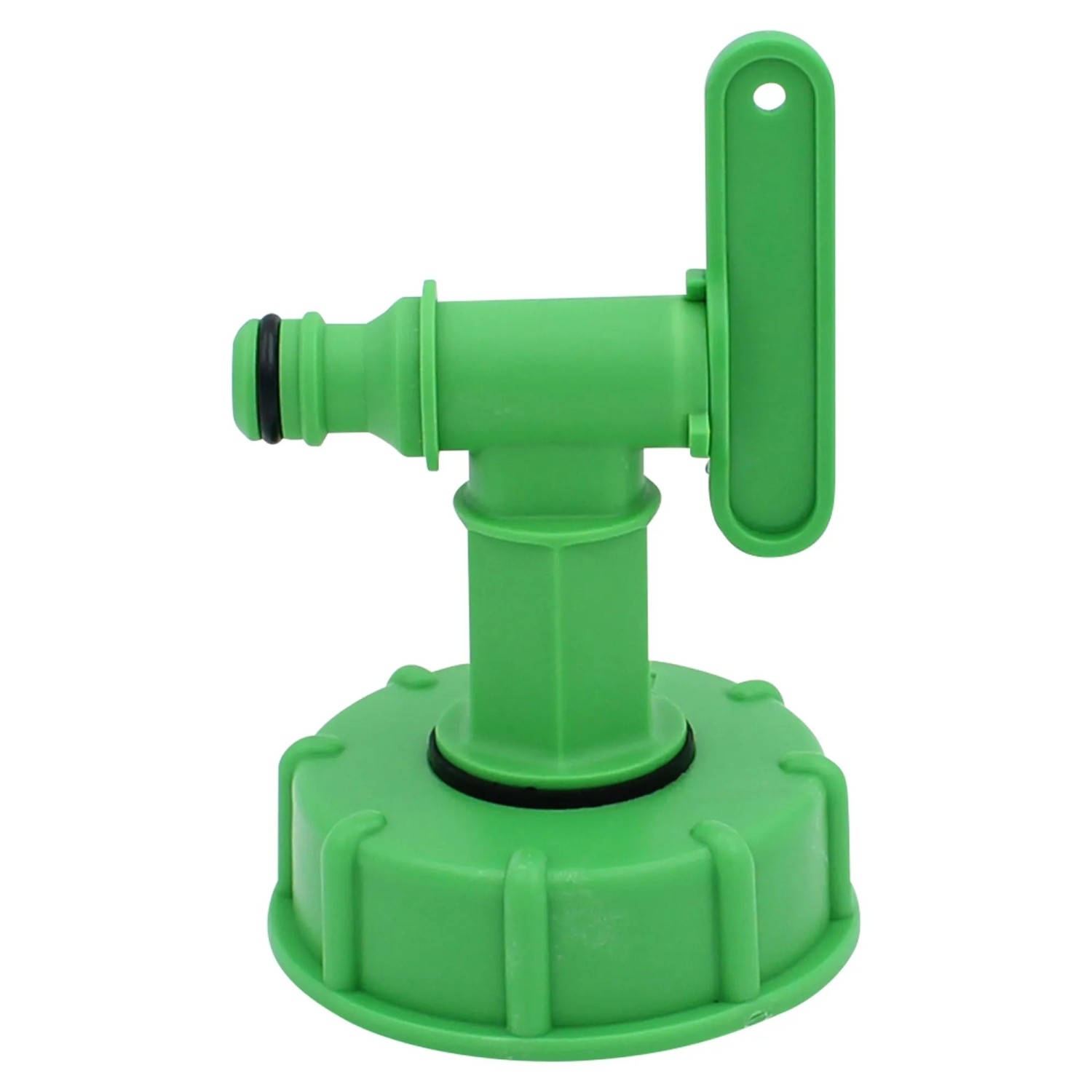Grüner IBC Hahn mit S60x6 Gewinde und Klicksystem-Anschluss für Regentonnen und Wasserzapfstellen.
