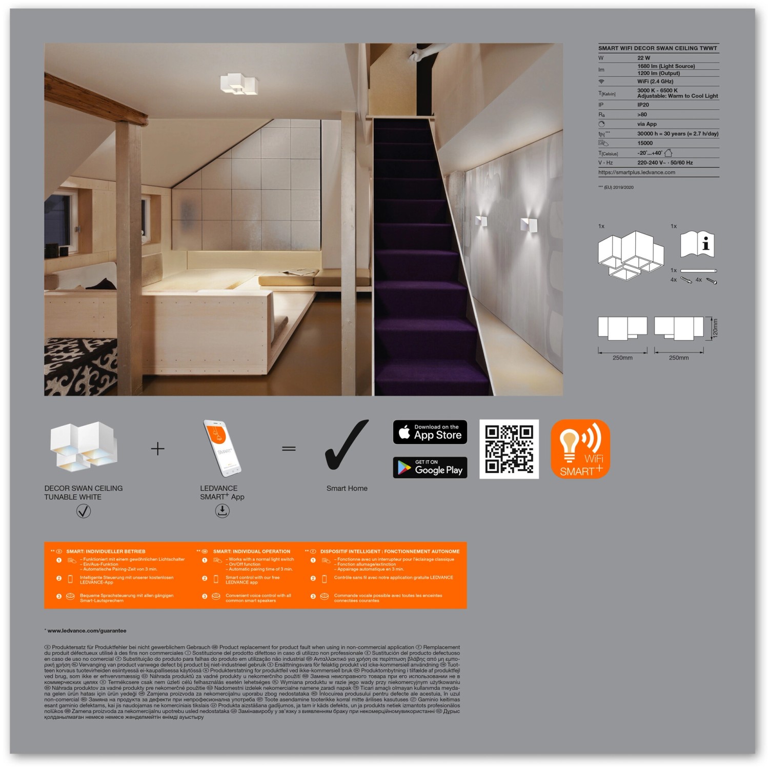 Ledvance Smart+ WiFi Deckenleuchte Decor Swan, weiße smarte Lampe im Wohnraum.