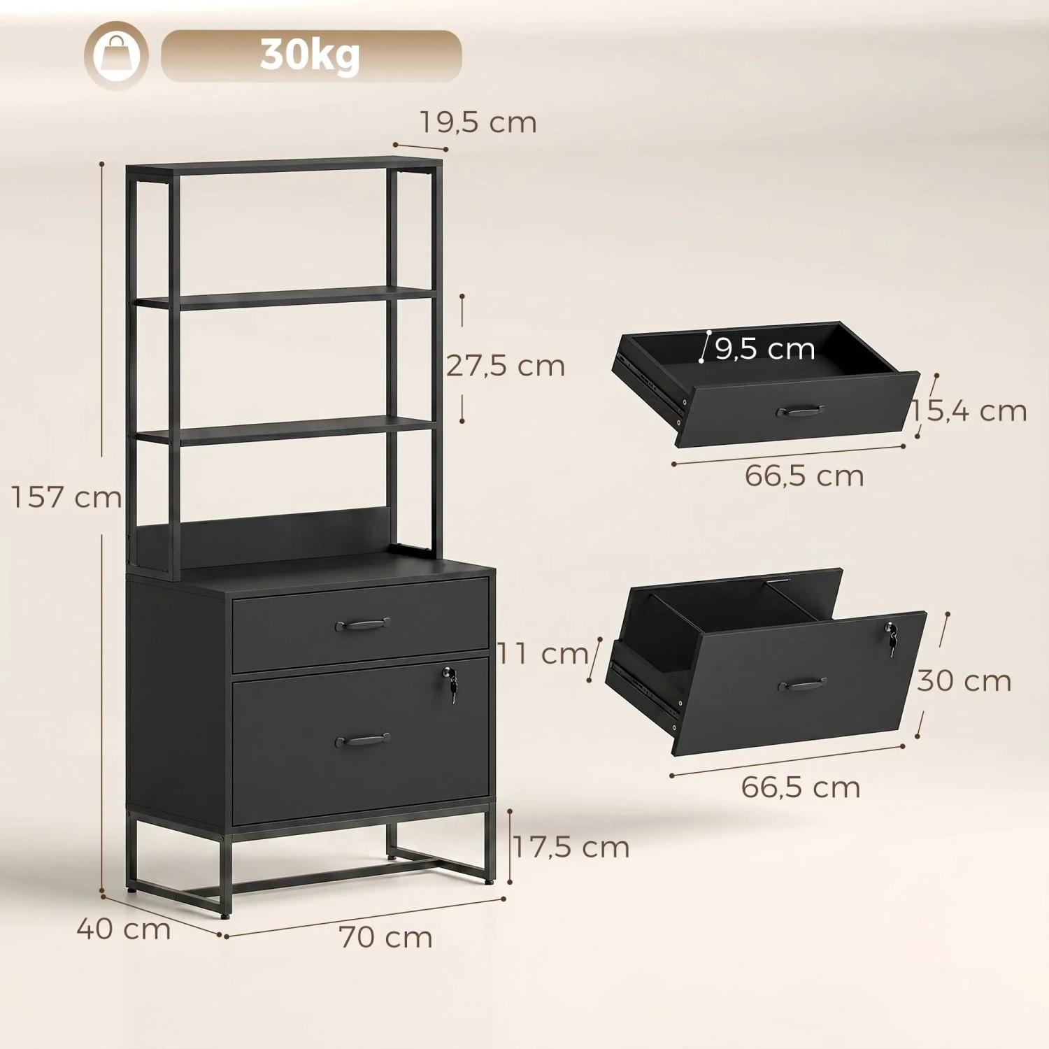 Schwarzer HOMCOM Büroschrank aus Spanplatte/Metall mit 3 Regalböden und 2 abschließbaren Schubladen für Akten. 70x40x157 cm.