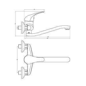 Technische Zeichnung: Eisl EUROPA Wand-Spültischarmatur in Chrom mit Maßangaben.