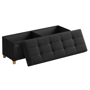 Schwarze Songmics Sitzbank Melisa mit Stauraum, klappbar, 38x110 cm. Sitzhocker mit offenem Deckel.
