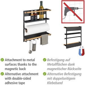 Wenko Küchenregal Magna Schwarz mit Papierrolle, Gewürzen und Küchenutensilien.