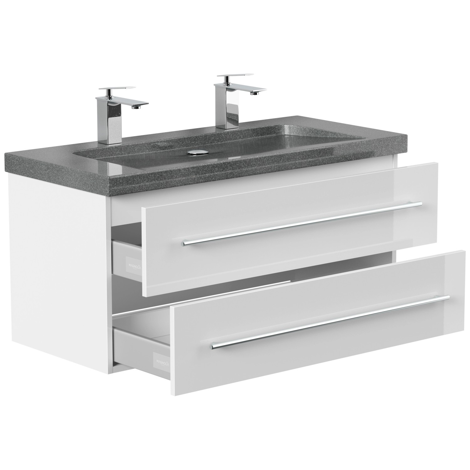 Posseik Badmöbel-Set Yamo, 100 cm, Weiß Hochglanz mit Granit Waschbecken und zwei Schubladen.