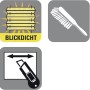 Symbole für Gardinia Plissee: Blickschutz, Reinigung, Zuschneiden.