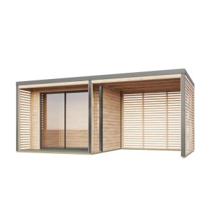 Karibu Gartenhaus Flavio A mit Anbaudach 3 m Natur-Grau